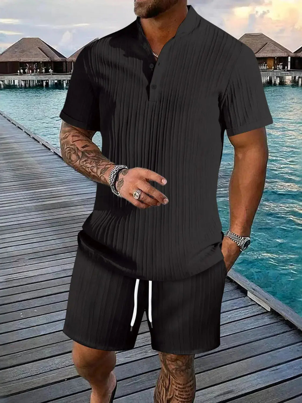 Men's Full Size Button Detail Short Sleeve Top and Shorts Set Plus Size  COOLANDBAG