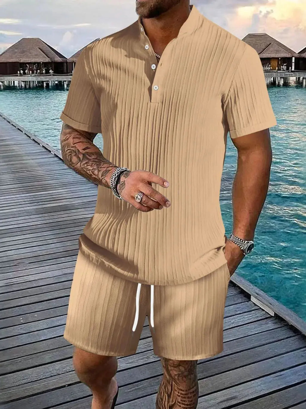 Men's Full Size Button Detail Short Sleeve Top and Shorts Set Plus Size  COOLANDBAG