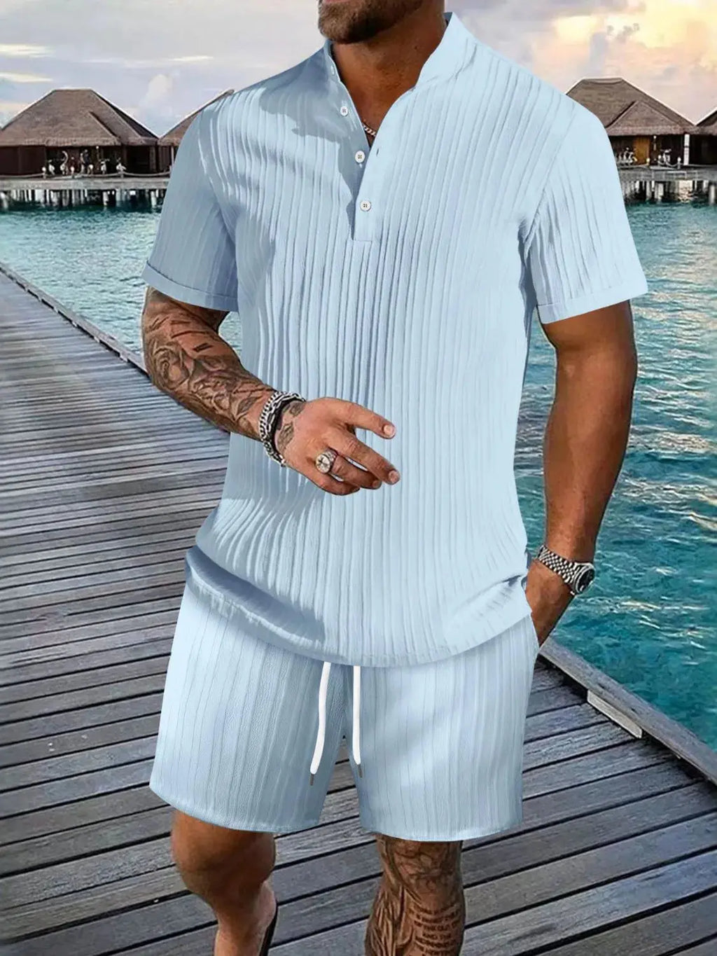 Men's Full Size Button Detail Short Sleeve Top and Shorts Set Plus Size  COOLANDBAG