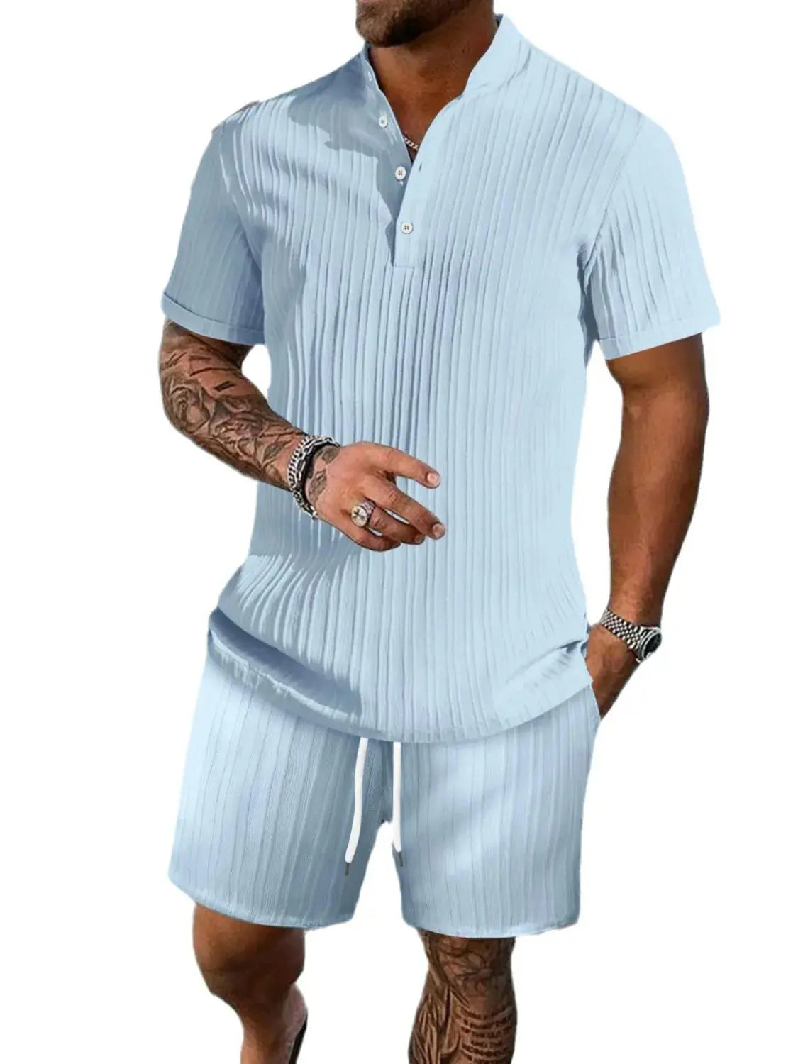 Men's Full Size Button Detail Short Sleeve Top and Shorts Set Plus Size  COOLANDBAG