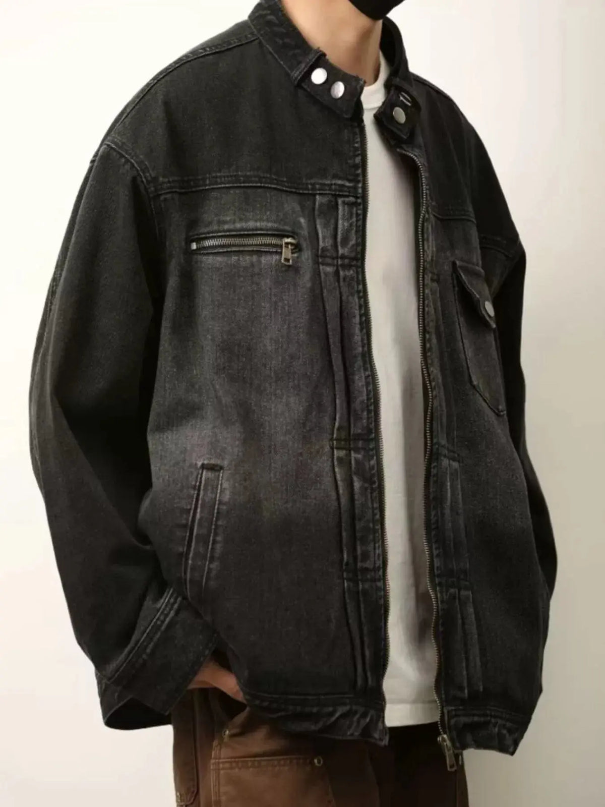 Veste en Jean Délavée Zippée Grande Taille Homme