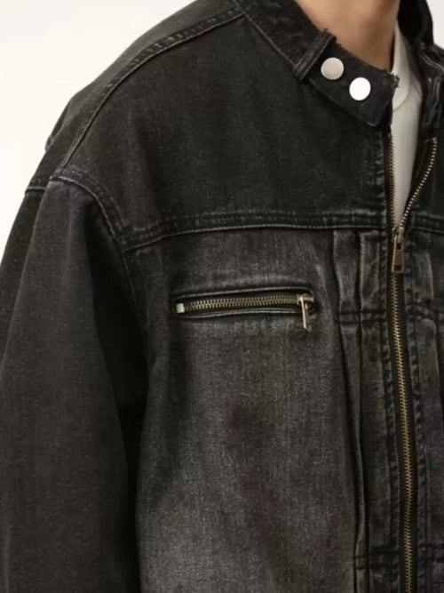 Men's Full Size Washed Zip Up Denim Jacket Plus Size  COOLANDBAG