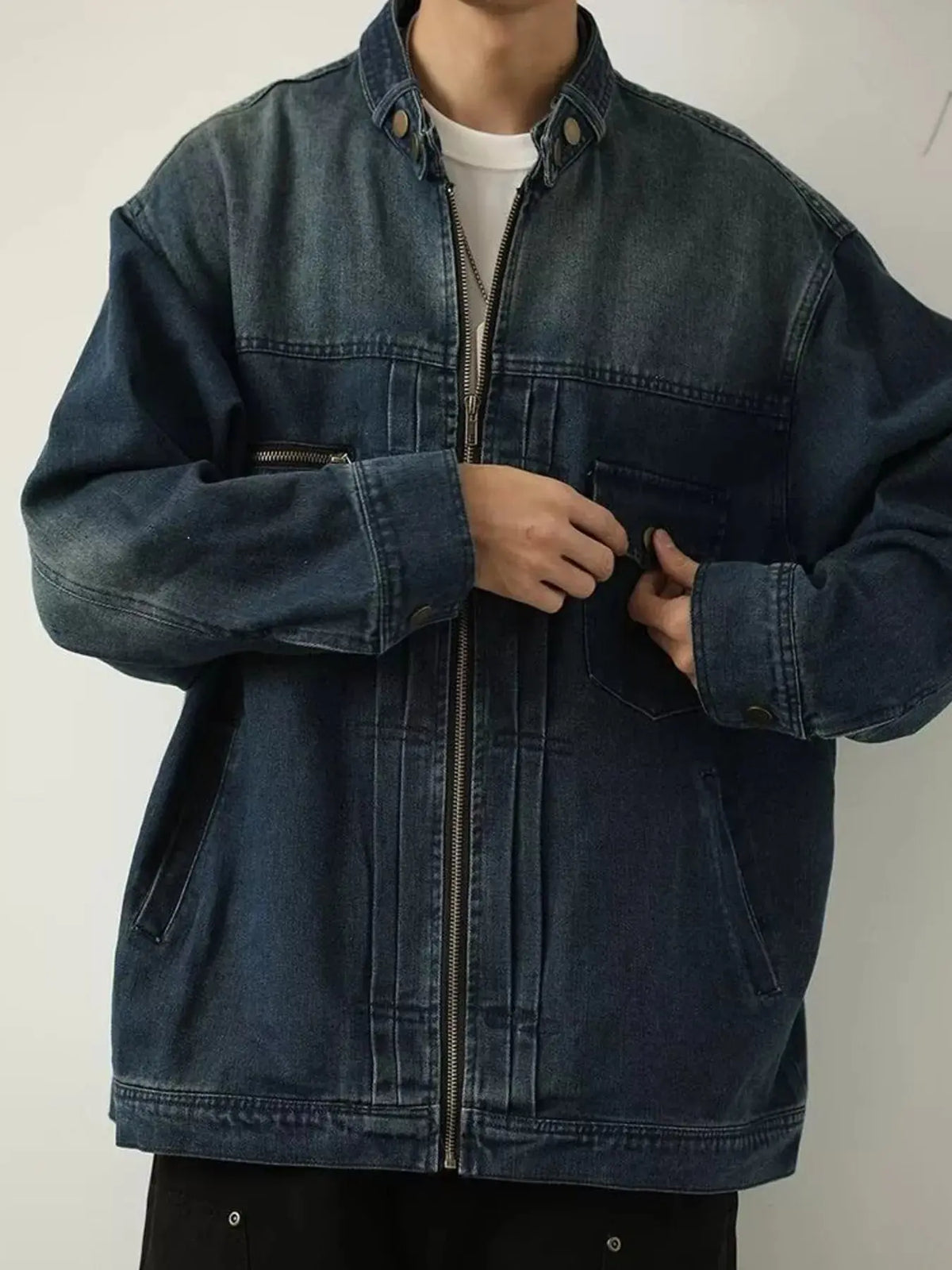 Men's Full Size Washed Zip Up Denim Jacket Plus Size  COOLANDBAG