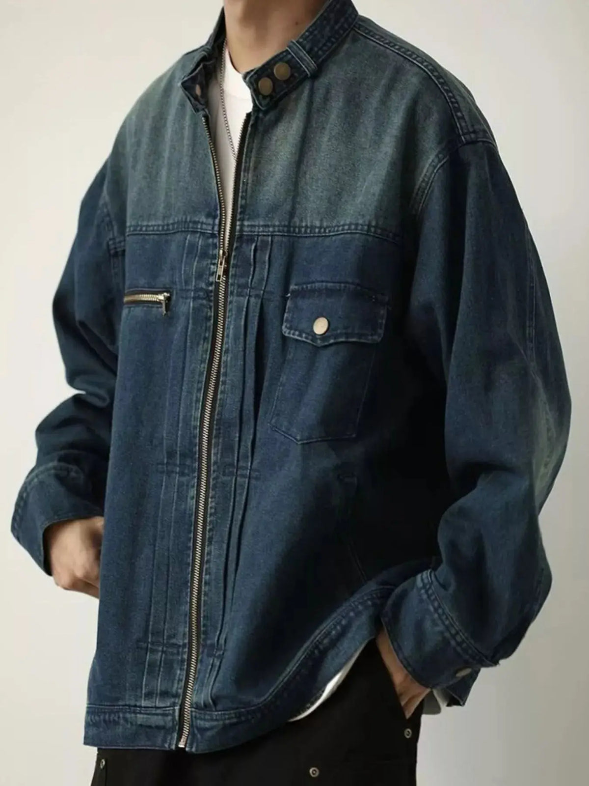 Men's Full Size Washed Zip Up Denim Jacket Plus Size  COOLANDBAG