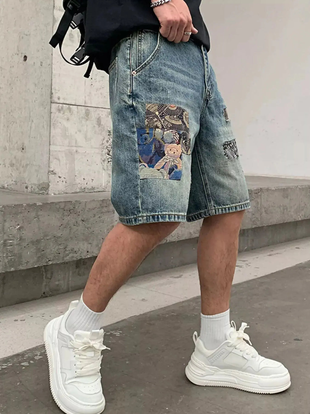 Men's Patchwork Graphic Denim Shorts  COOLANDBAG
