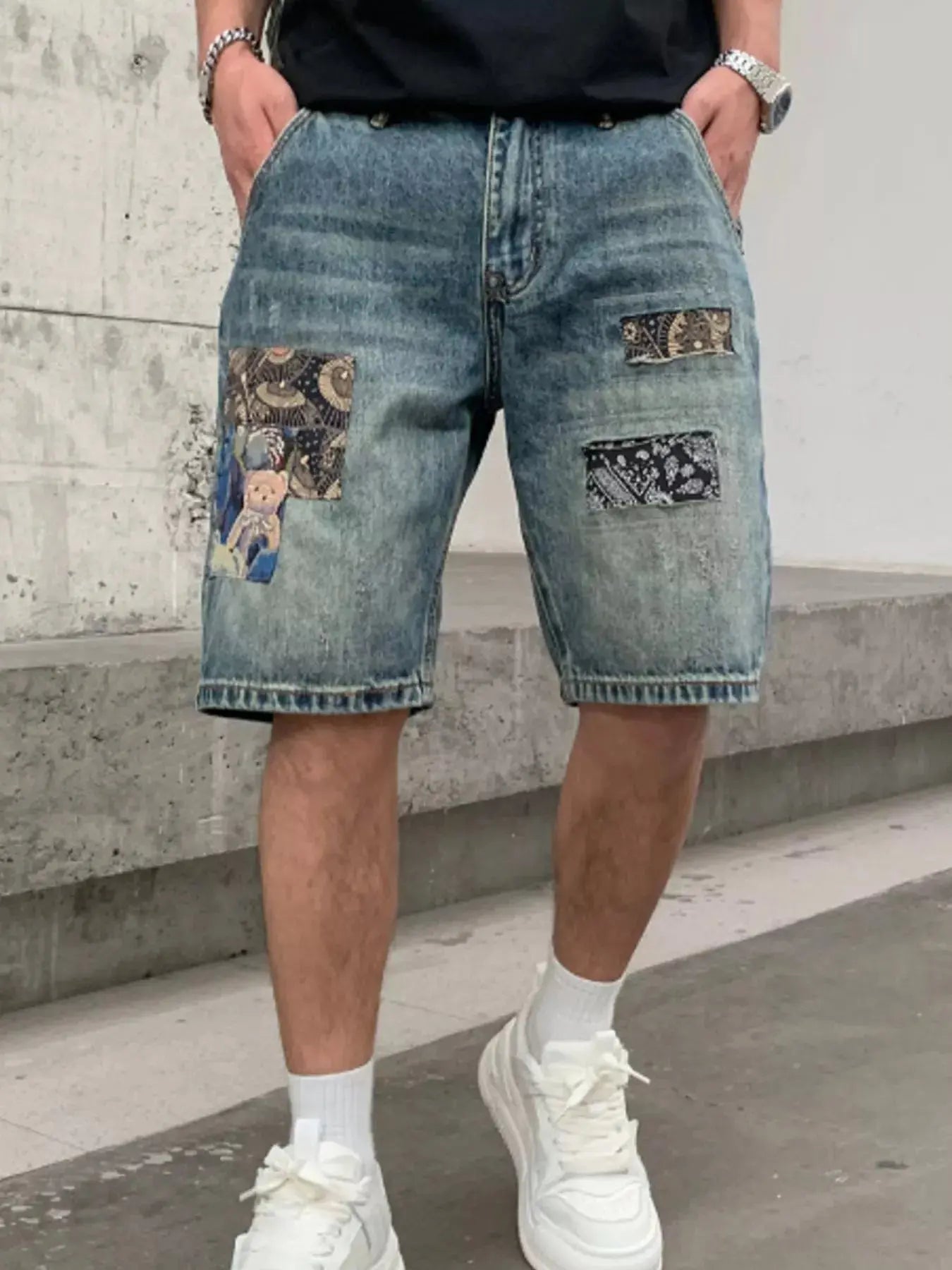 Men's Patchwork Graphic Denim Shorts  COOLANDBAG