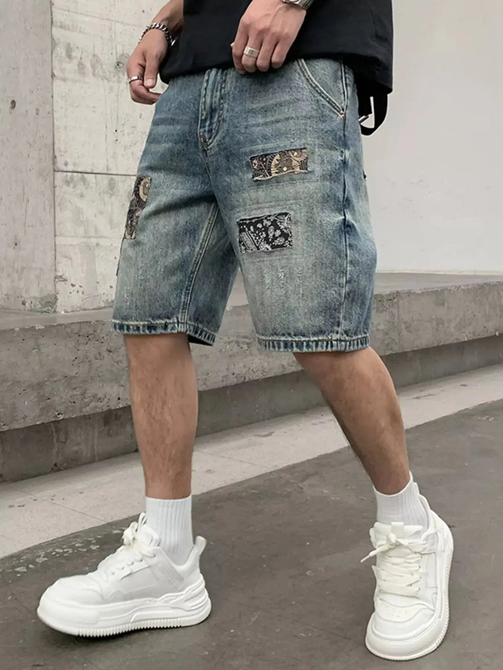 Men's Patchwork Graphic Denim Shorts  COOLANDBAG