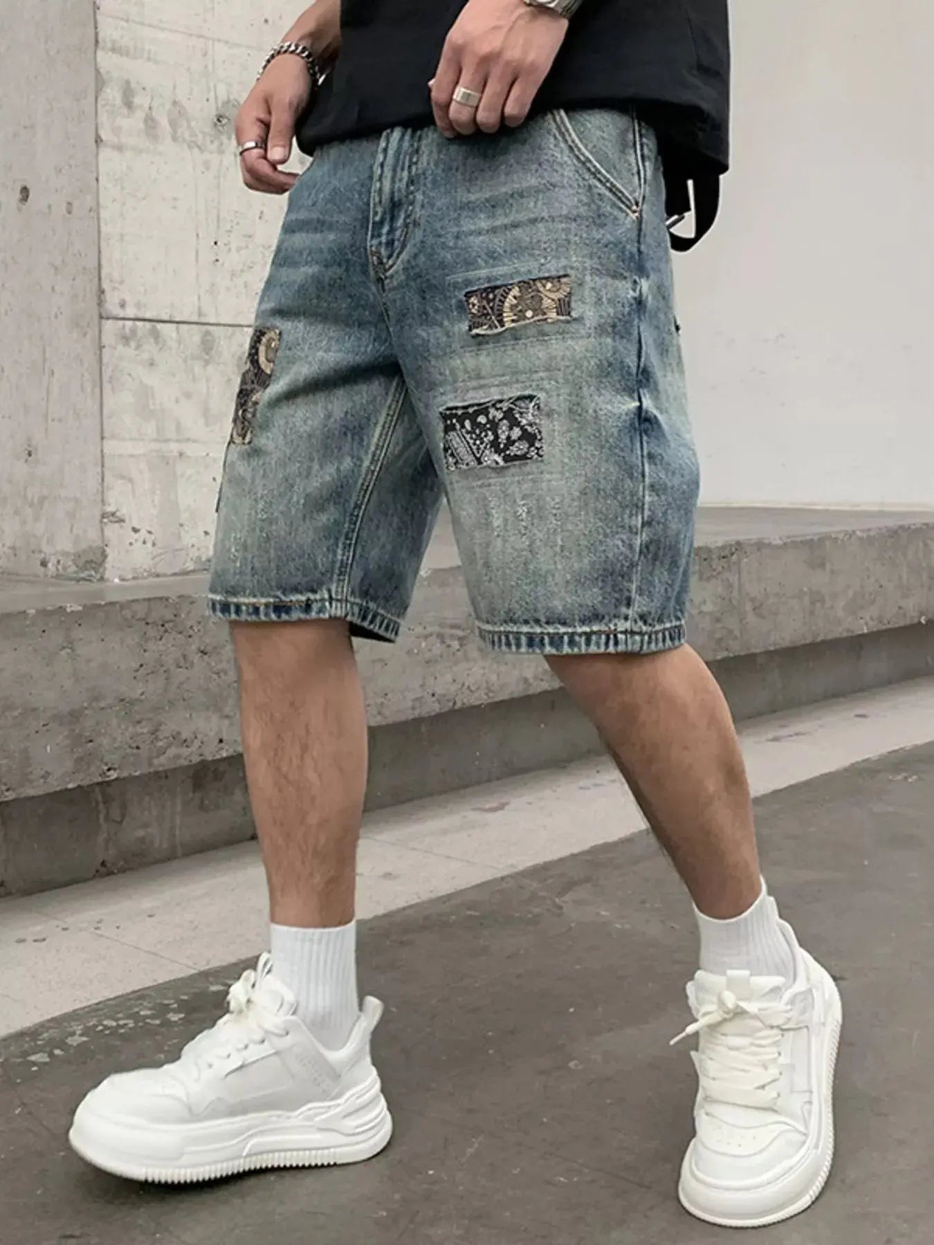 Men's Patchwork Graphic Denim Shorts  COOLANDBAG