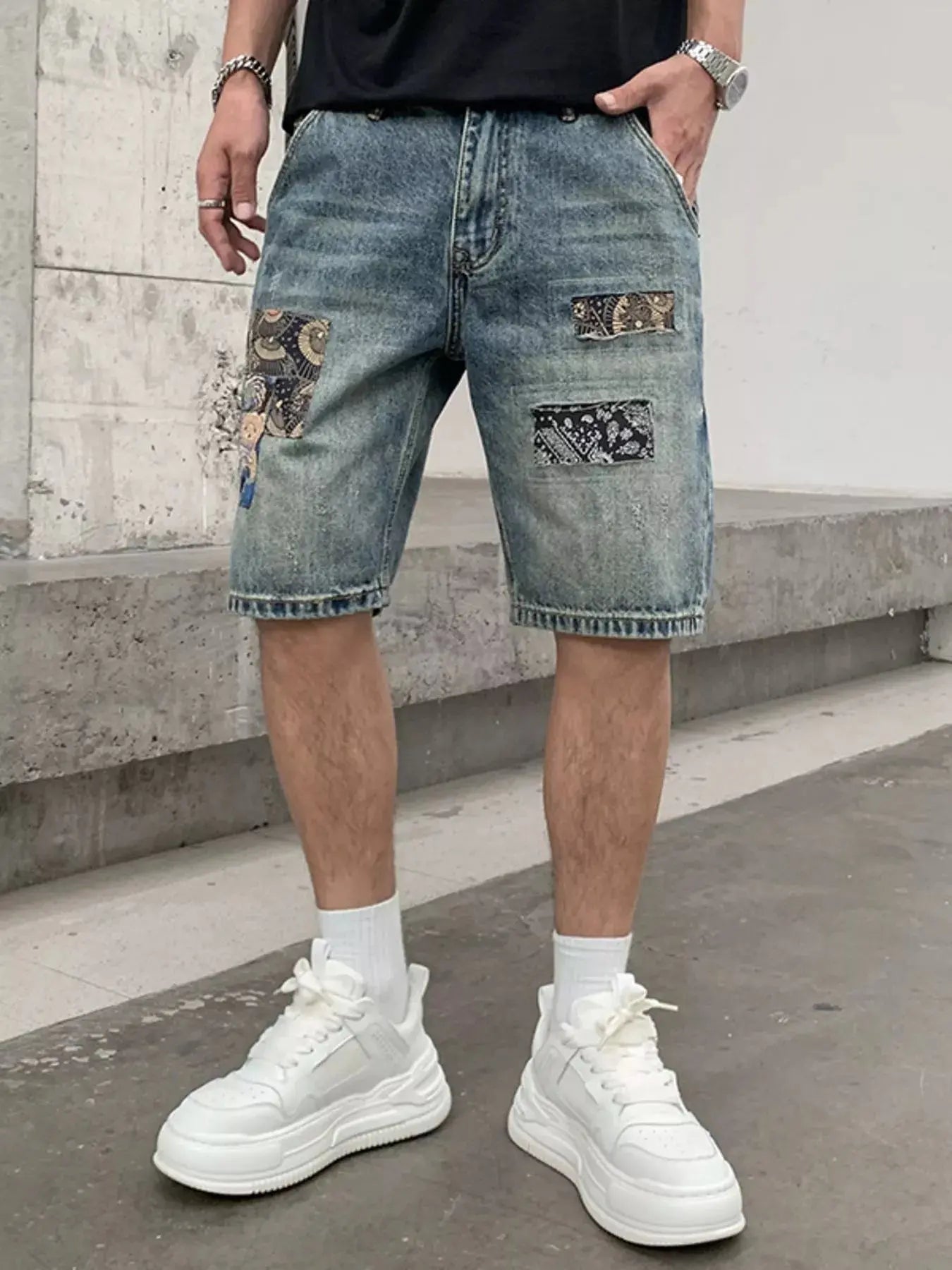 Men's Patchwork Graphic Denim Shorts  COOLANDBAG
