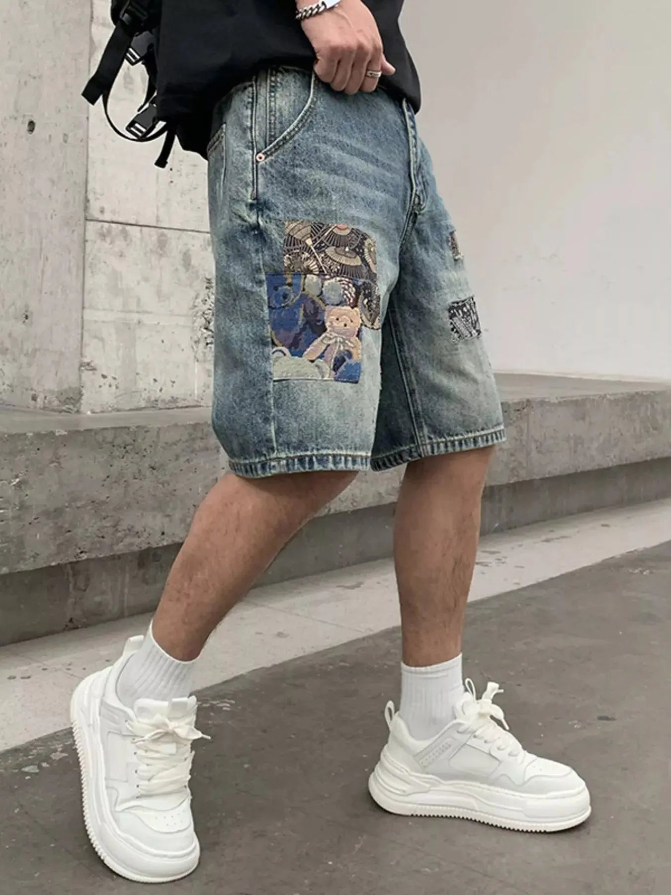 Men's Patchwork Graphic Denim Shorts  COOLANDBAG