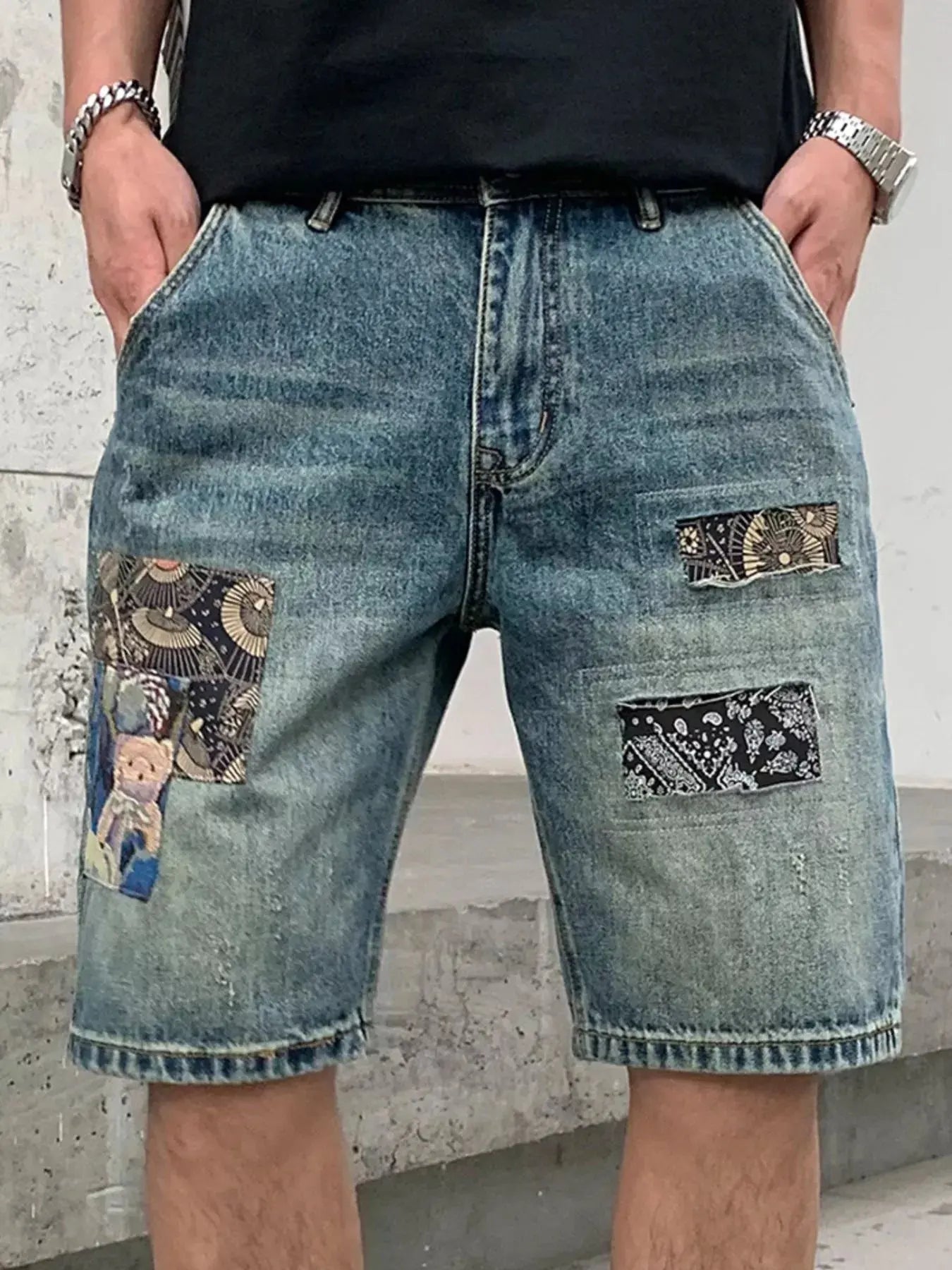 Men's Patchwork Graphic Denim Shorts  COOLANDBAG