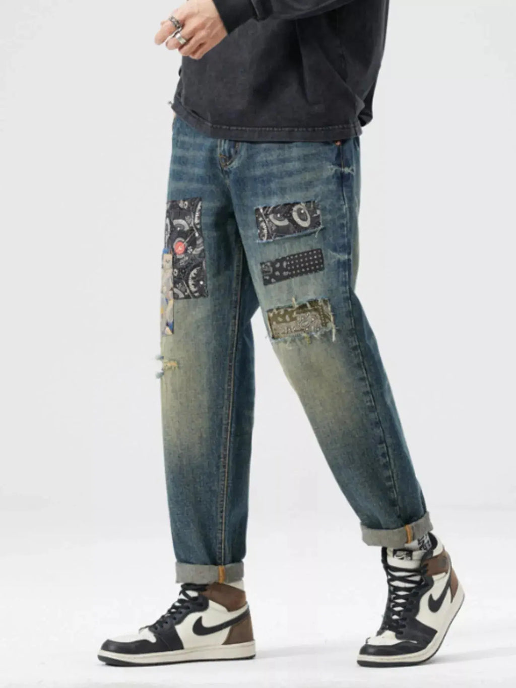 Men's Patchwork Ripped Loose Fit Jeans  COOLANDBAG
