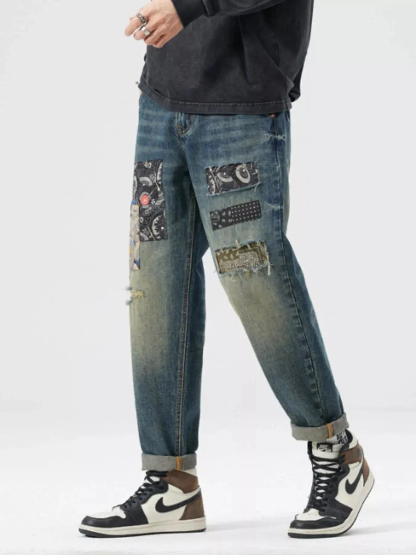 Men's Patchwork Ripped Loose Fit Jeans  COOLANDBAG