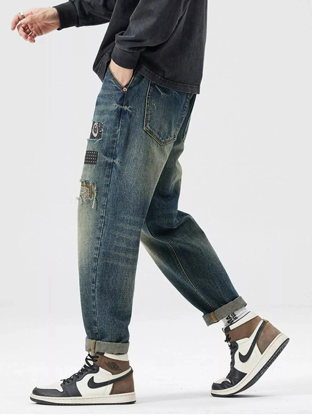 Men's Patchwork Ripped Loose Fit Jeans  COOLANDBAG