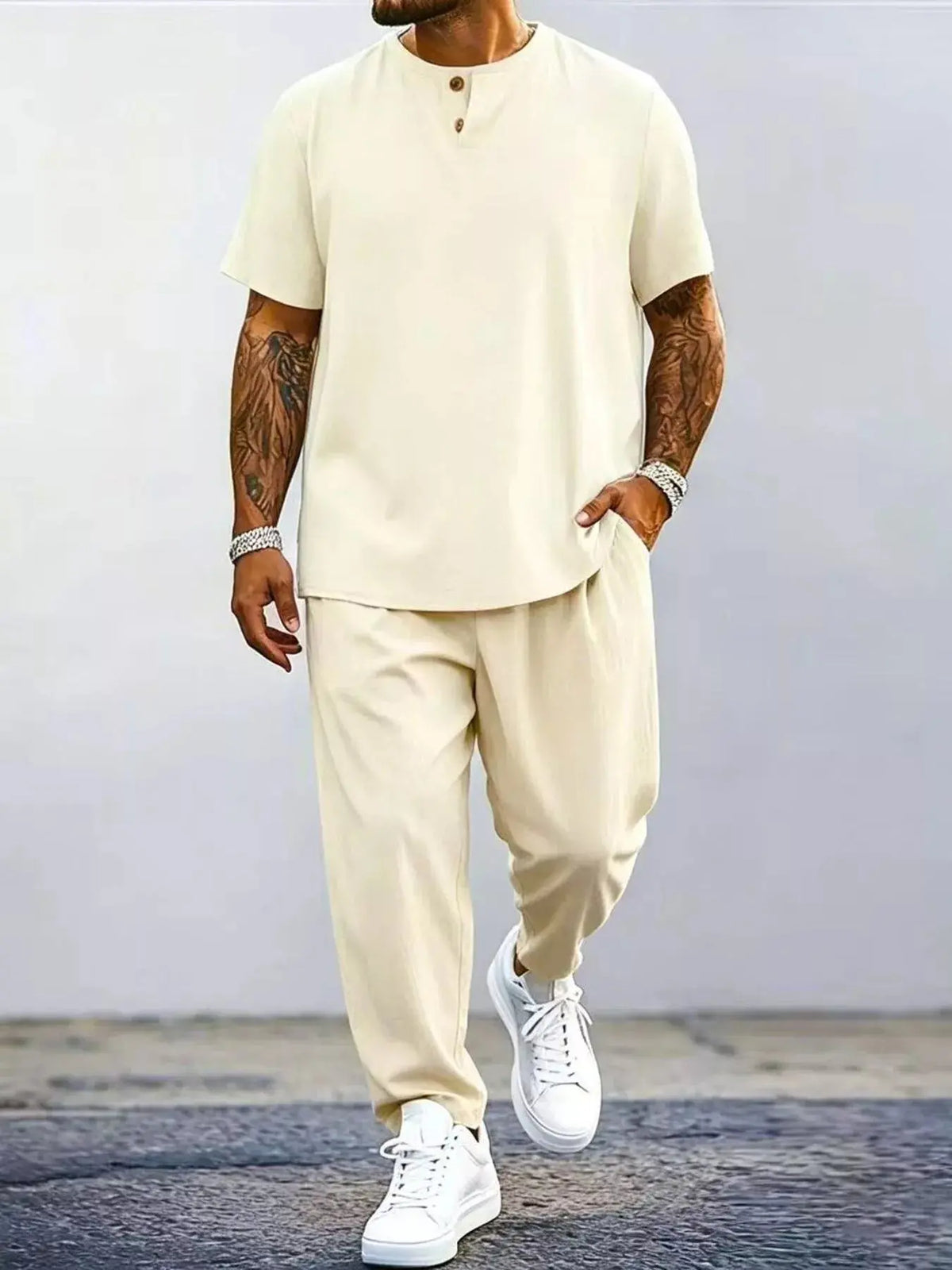 Men's Plus Size Casual Short Sleeve Top and Pants Set  COOLANDBAG