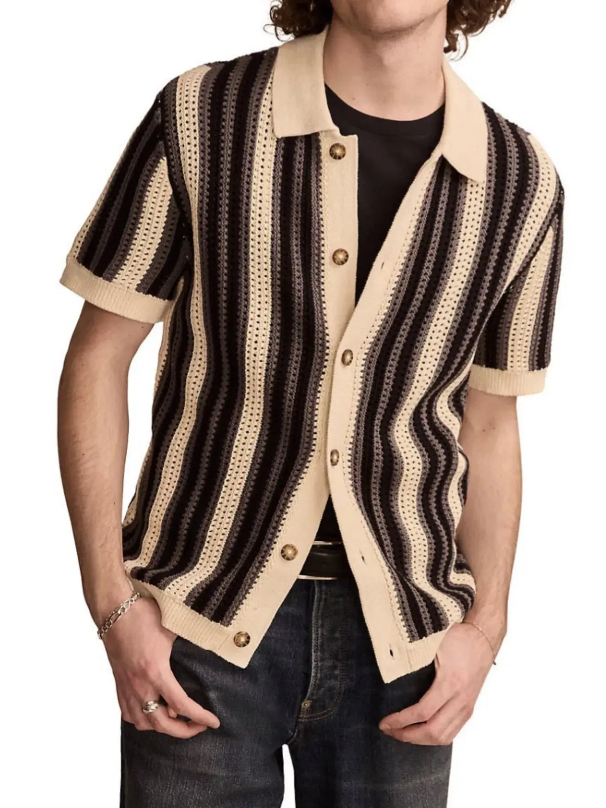 Men's Plus Size Striped Button Up Short Sleeve Cardigan  COOLANDBAG
