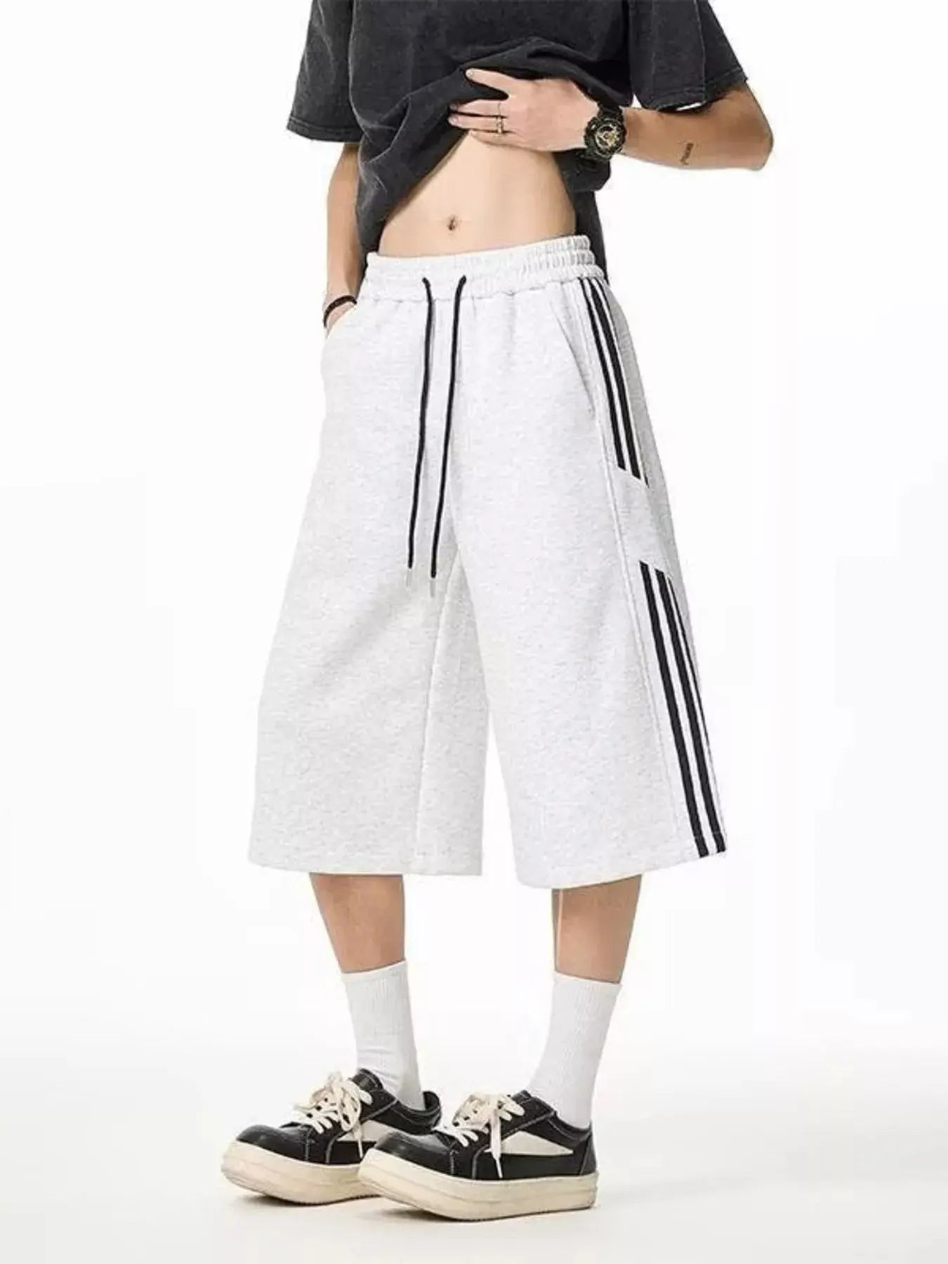 Men's Plus Size Striped Wide-Leg Cropped Pants  COOLANDBAG