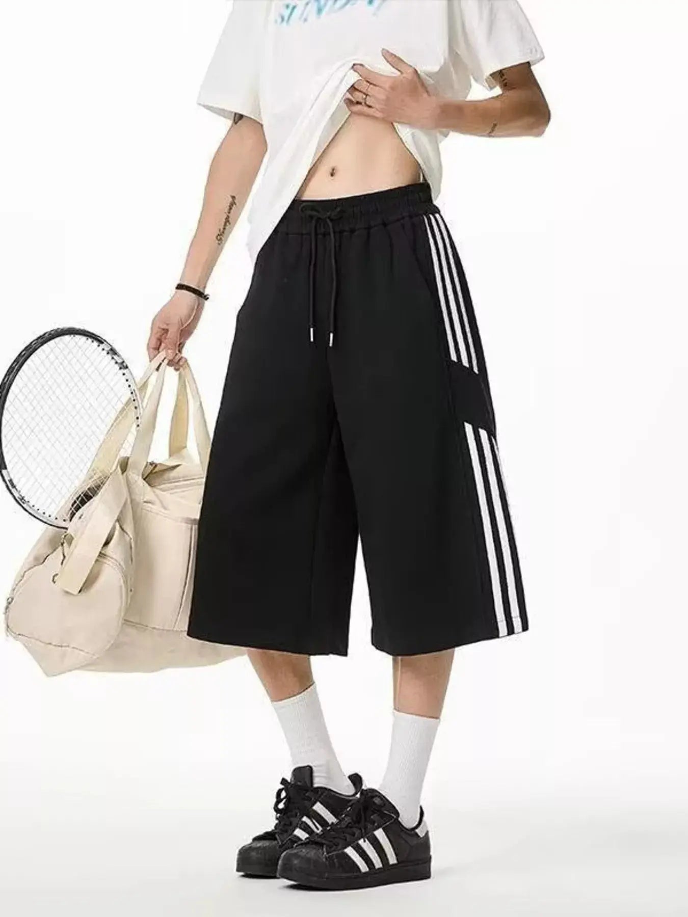 Men's Plus Size Striped Wide-Leg Cropped Pants  COOLANDBAG