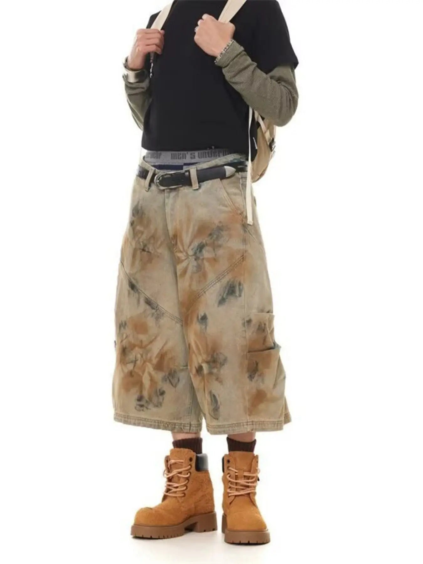 Men's  Plus Size Vintage Wash Wide-Leg Denim Shorts  COOLANDBAG