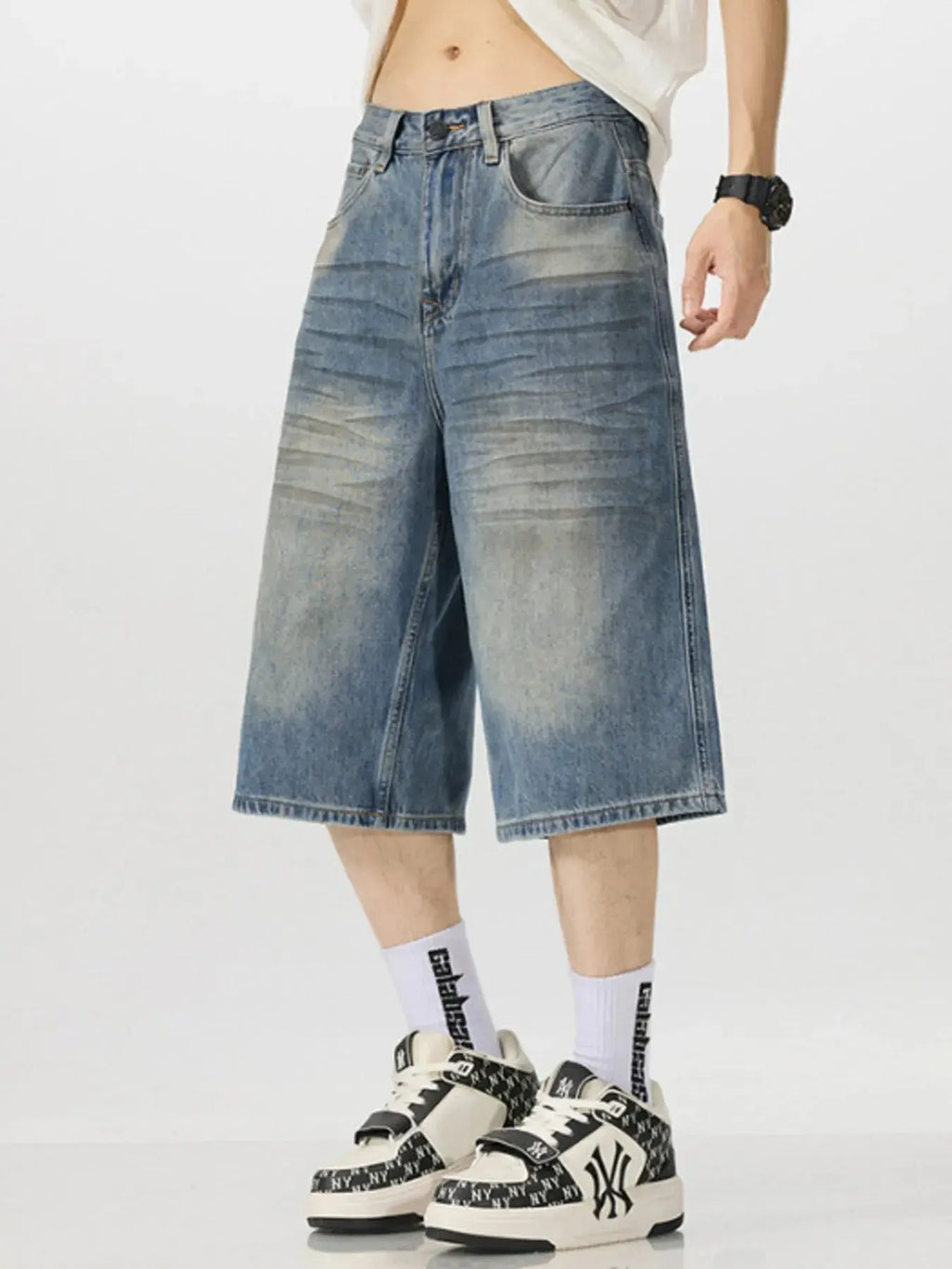 Men's Vintage Wash Wide-Leg Capris Jeans  COOLANDBAG