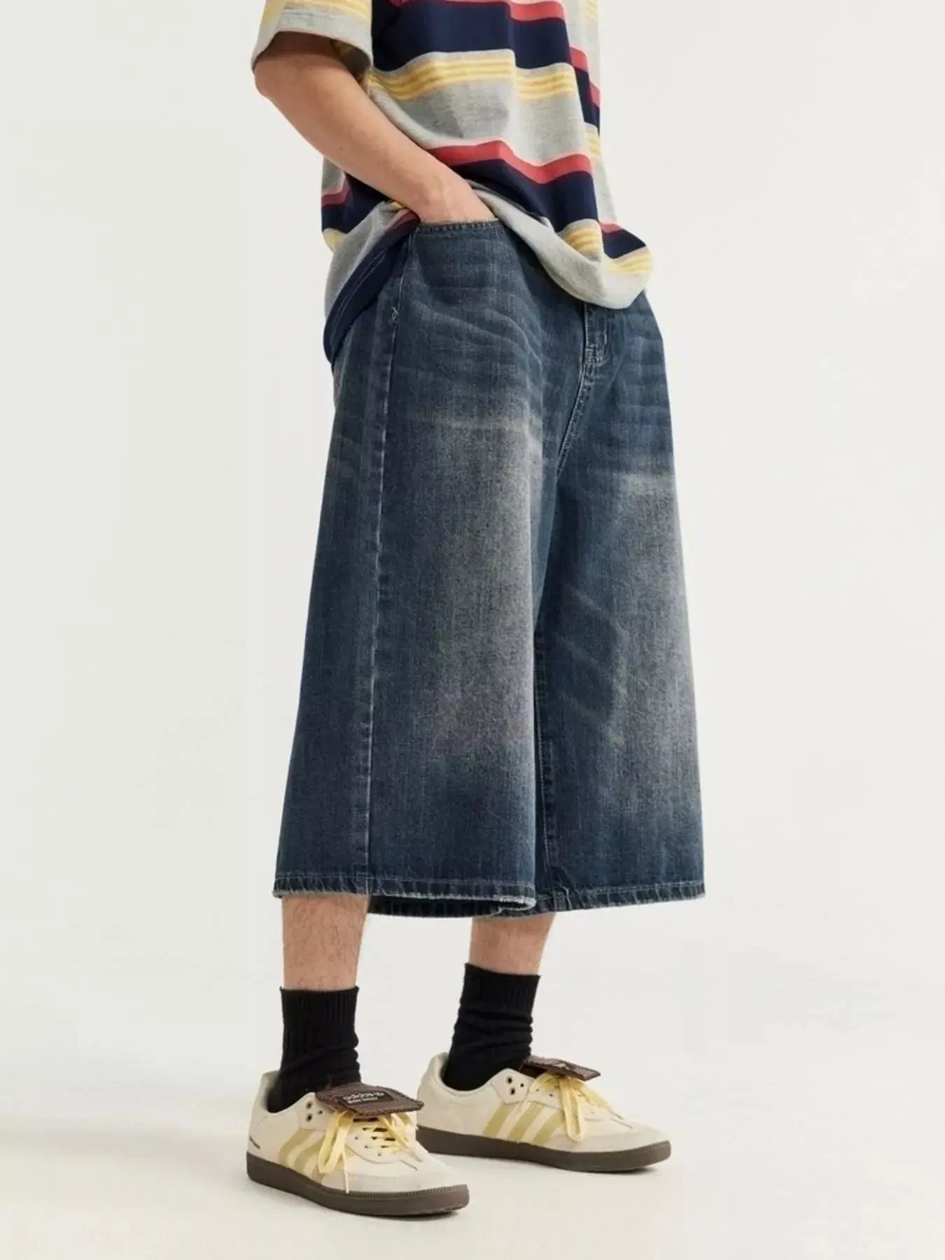Men's Washed Wide Leg Demin Shorts  COOLANDBAG