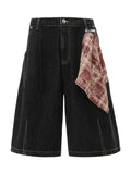 Men's Wide-Leg Denim Shorts with Plaid Accent  COOLANDBAG