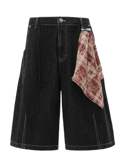Men's Wide-Leg Denim Shorts with Plaid Accent  COOLANDBAG