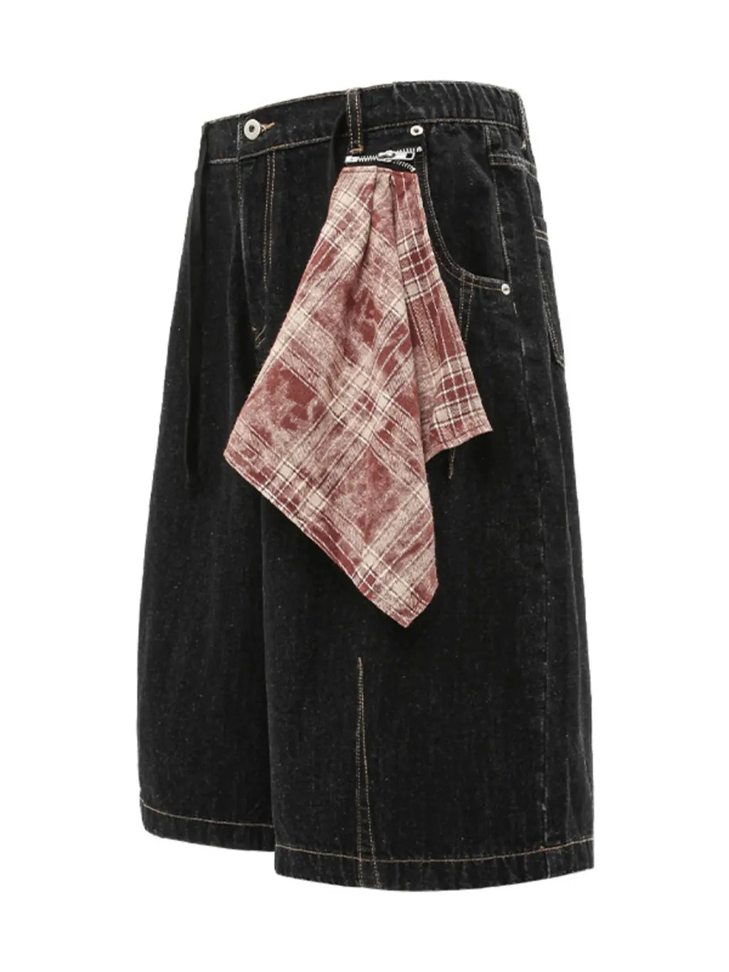Men's Wide-Leg Denim Shorts with Plaid Accent  COOLANDBAG