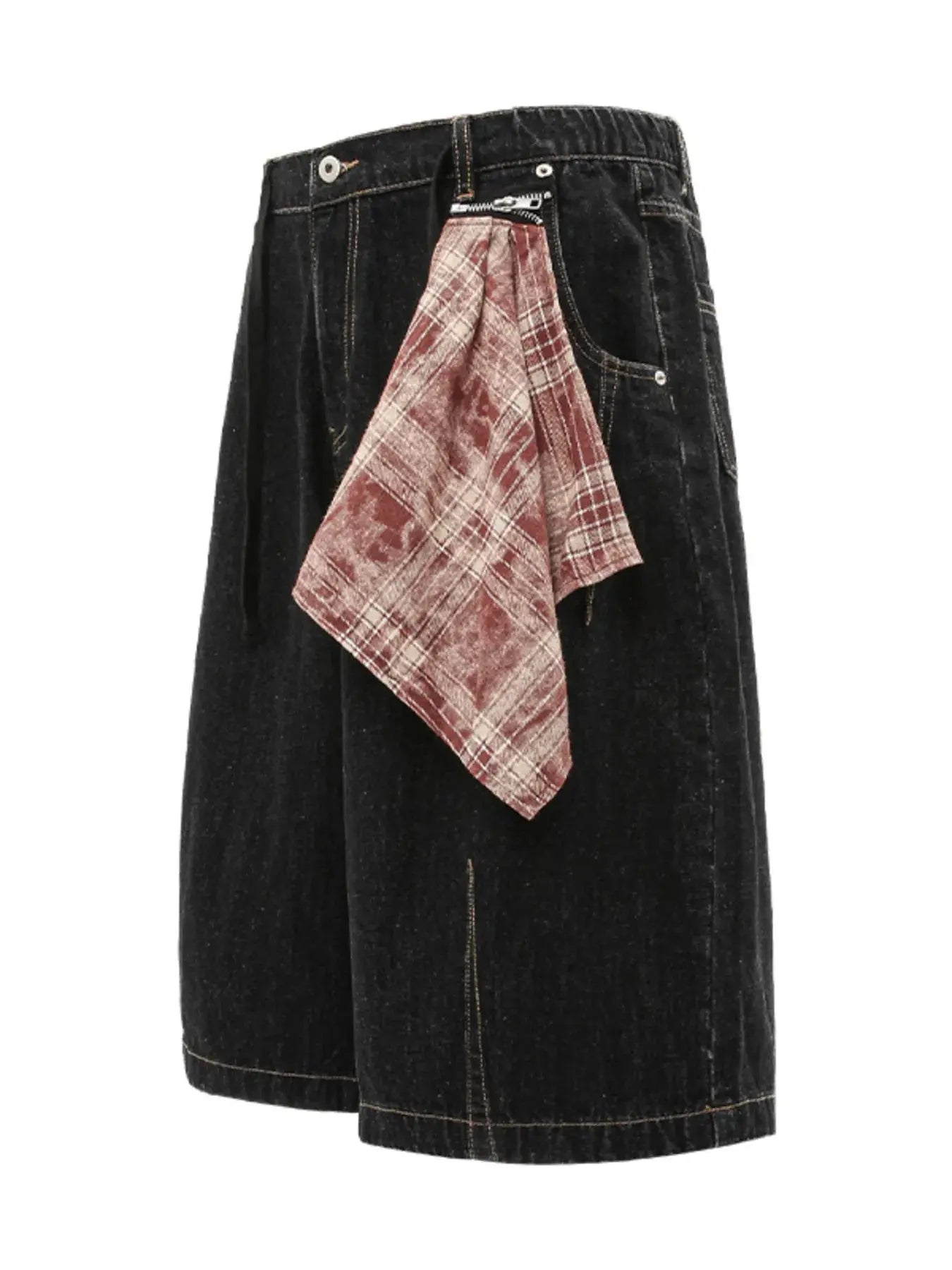 Men's Wide-Leg Denim Shorts with Plaid Accent  COOLANDBAG