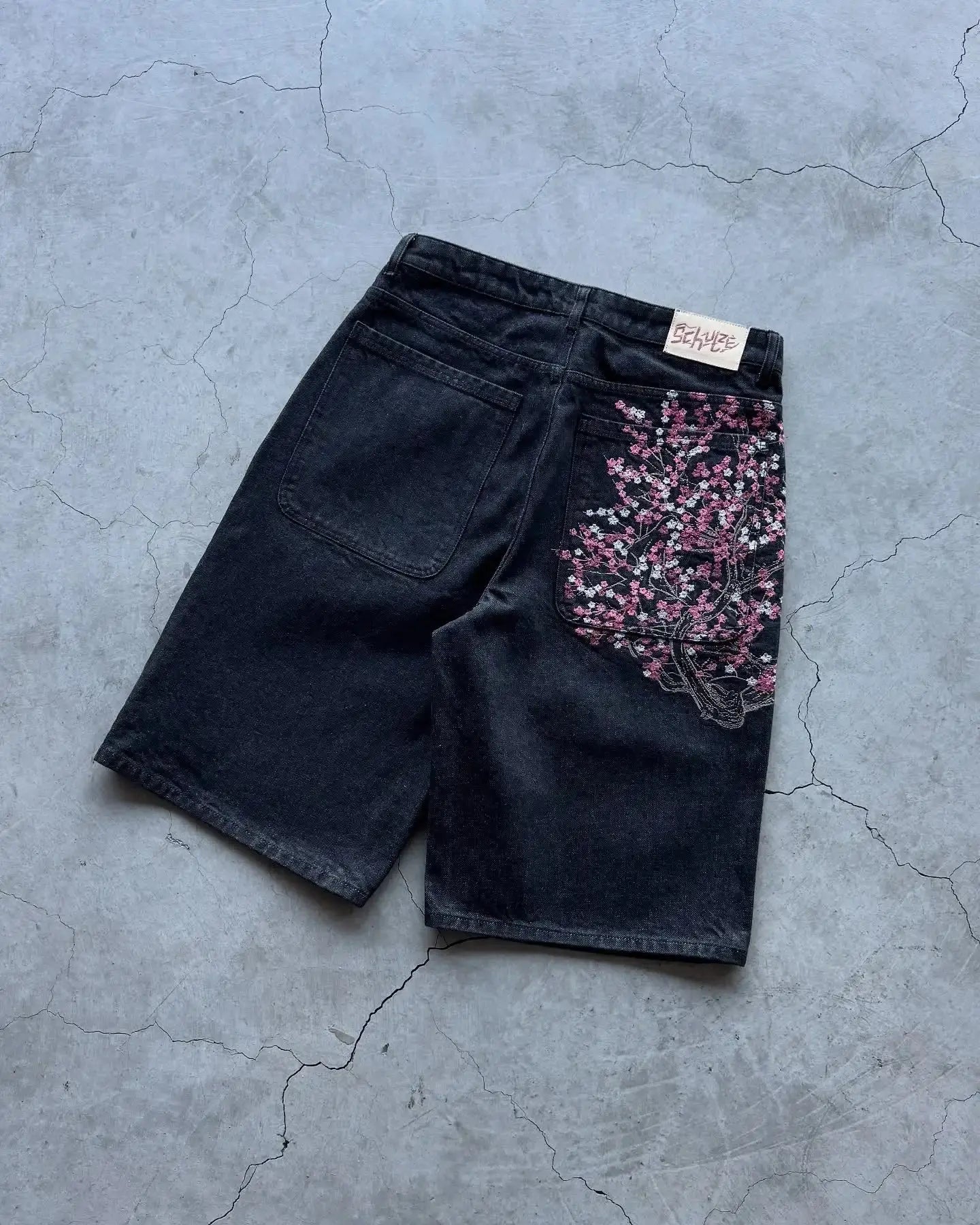 Mode cerisier fleur poche broderie jean Shorts hommes femmes rétro Baggy noir Denim court Y2k Jorts Hip Hop Streetwear pantalon  COOLANDBAG