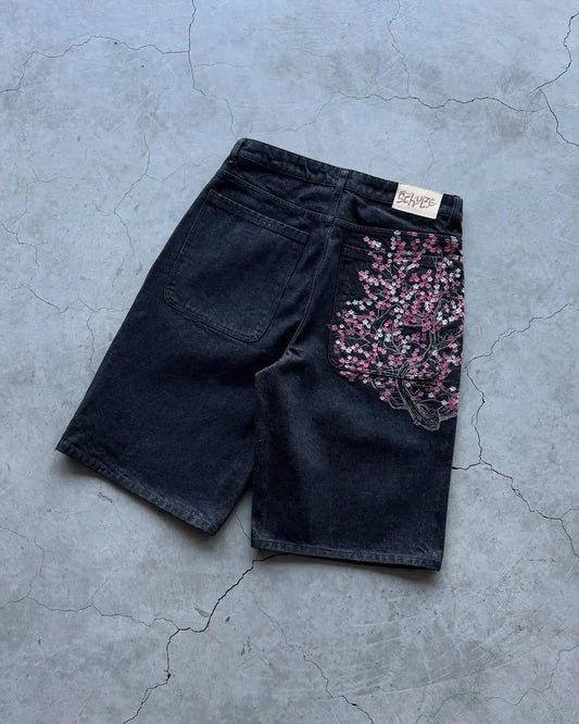 Mode cerisier fleur poche broderie jean Shorts hommes femmes rétro Baggy noir Denim court Y2k Jorts Hip Hop Streetwear pantalon  COOLANDBAG