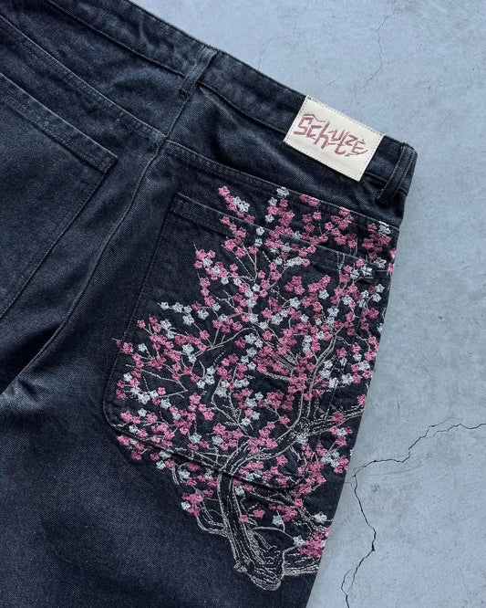 Mode cerisier fleur poche broderie jean Shorts hommes femmes rétro Baggy noir Denim court Y2k Jorts Hip Hop Streetwear pantalon  COOLANDBAG