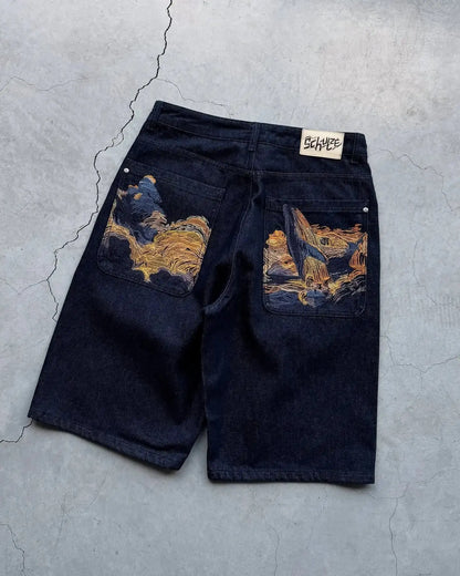 Mode cerisier fleur poche broderie jean Shorts hommes femmes rétro Baggy noir Denim court Y2k Jorts Hip Hop Streetwear pantalon  COOLANDBAG