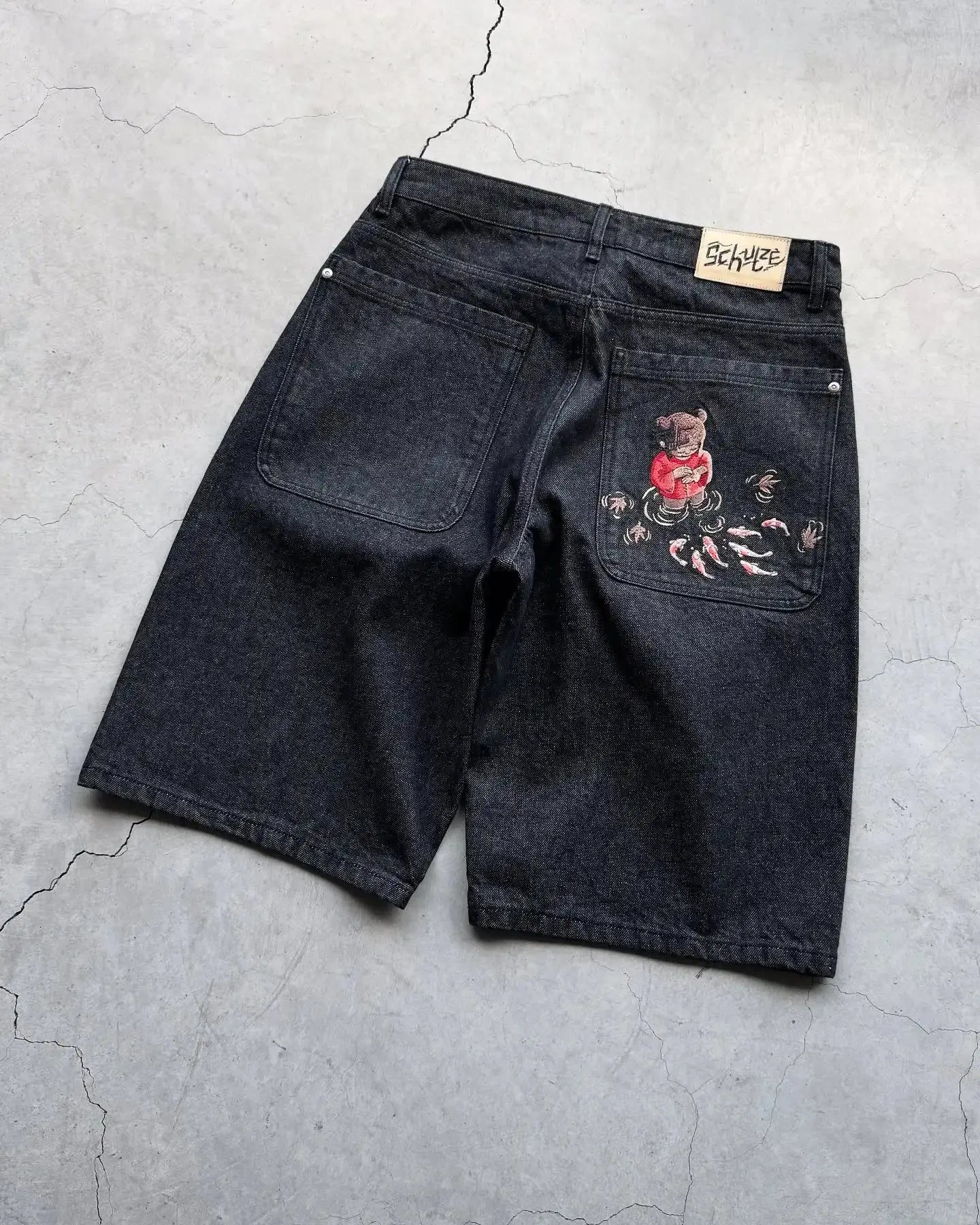 Mode cerisier fleur poche broderie jean Shorts hommes femmes rétro Baggy noir Denim court Y2k Jorts Hip Hop Streetwear pantalon  COOLANDBAG
