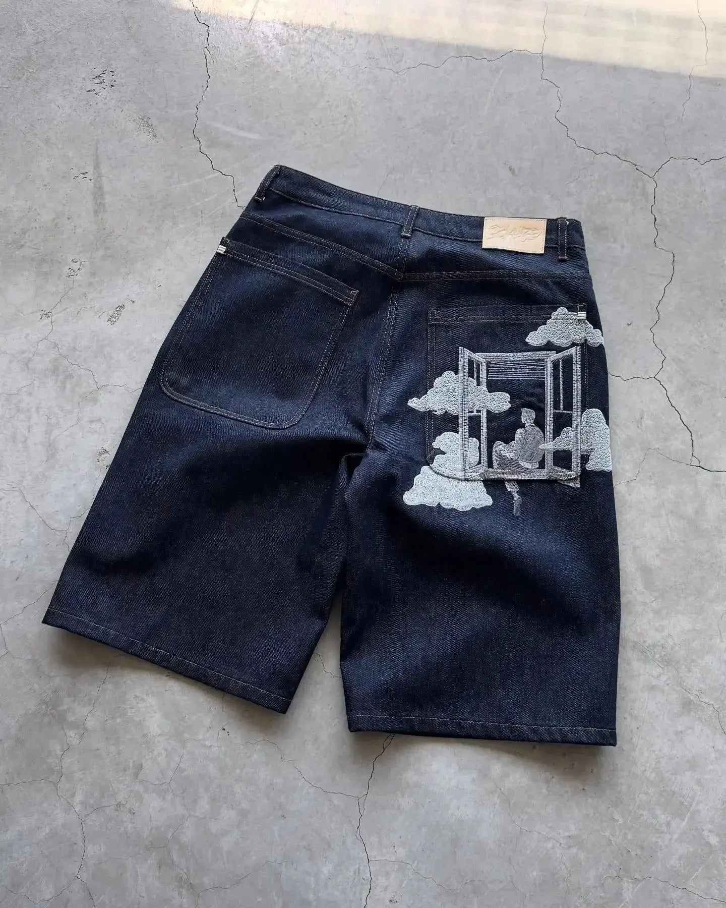 Mode cerisier fleur poche broderie jean Shorts hommes femmes rétro Baggy noir Denim court Y2k Jorts Hip Hop Streetwear pantalon  COOLANDBAG