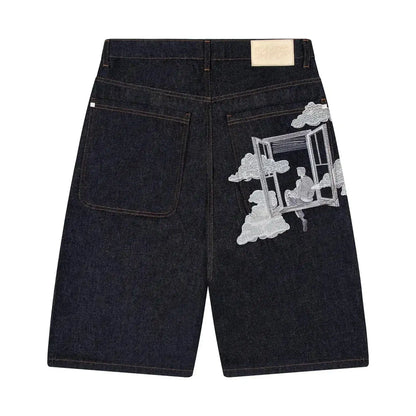 Mode cerisier fleur poche broderie jean Shorts hommes femmes rétro Baggy noir Denim court Y2k Jorts Hip Hop Streetwear pantalon  COOLANDBAG