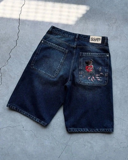 Mode cerisier fleur poche broderie jean Shorts hommes femmes rétro Baggy noir Denim court Y2k Jorts Hip Hop Streetwear pantalon  COOLANDBAG