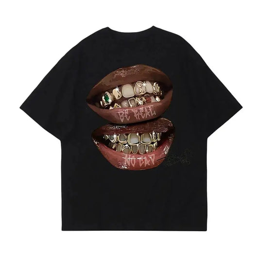 Nouveau Chic lèvres dents dorées Vintage t-shirt Rock Goth décontracté été à manches courtes haute rue surdimensionné t-shirt Harajuku imprimé graphique  COOLANDBAG