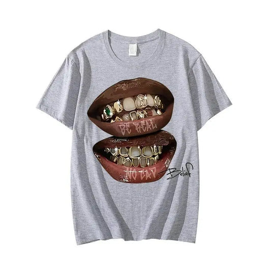 Nouveau Chic lèvres dents dorées Vintage t-shirt Rock Goth décontracté été à manches courtes haute rue surdimensionné t-shirt Harajuku imprimé graphique  COOLANDBAG