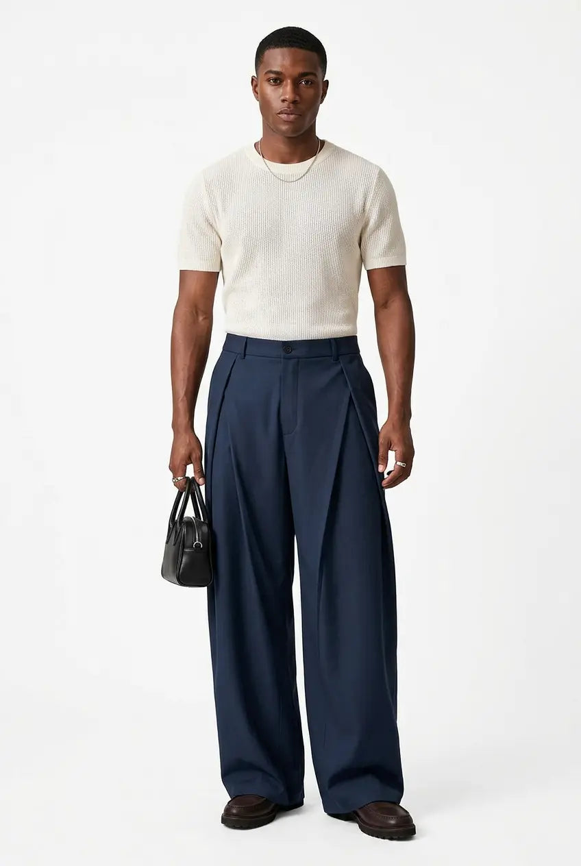 Pantalon de Costume Wide Leg Taille Haute à Pinces Homme  COOLANDBAG