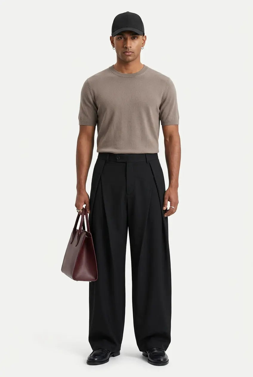 Pantalon de Costume Wide Leg Taille Haute à Pinces Homme  COOLANDBAG