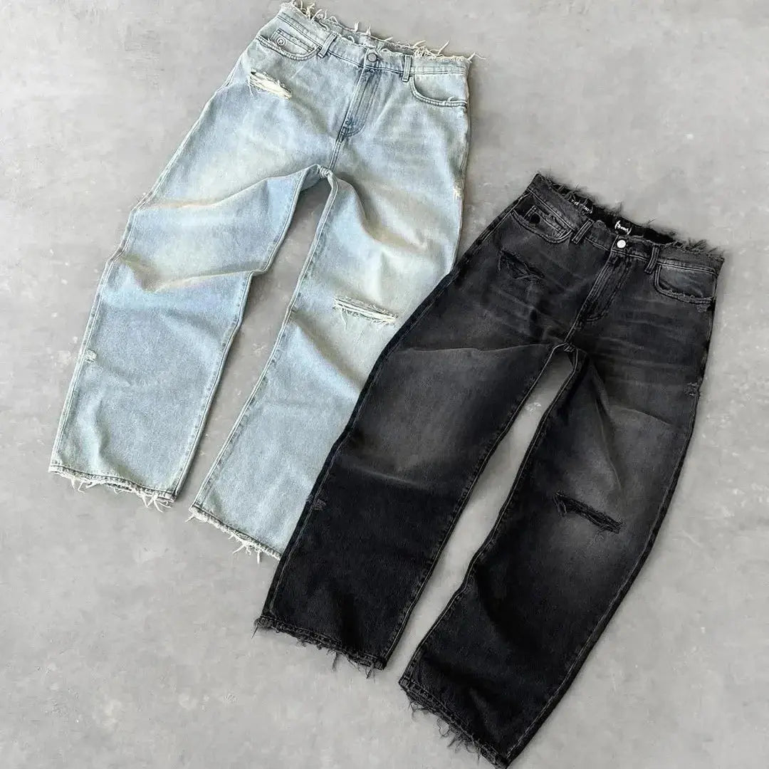Pantalon en Denim droit pour hommes, nouvelle mode européenne et américaine, délavé, couleur unie, Simple, basique, ample, décontracté, tendance  COOLANDBAG