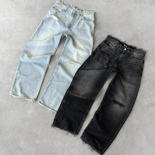Pantalon en Denim droit pour hommes, nouvelle mode européenne et américaine, délavé, couleur unie, Simple, basique, ample, décontracté, tendance  COOLANDBAG