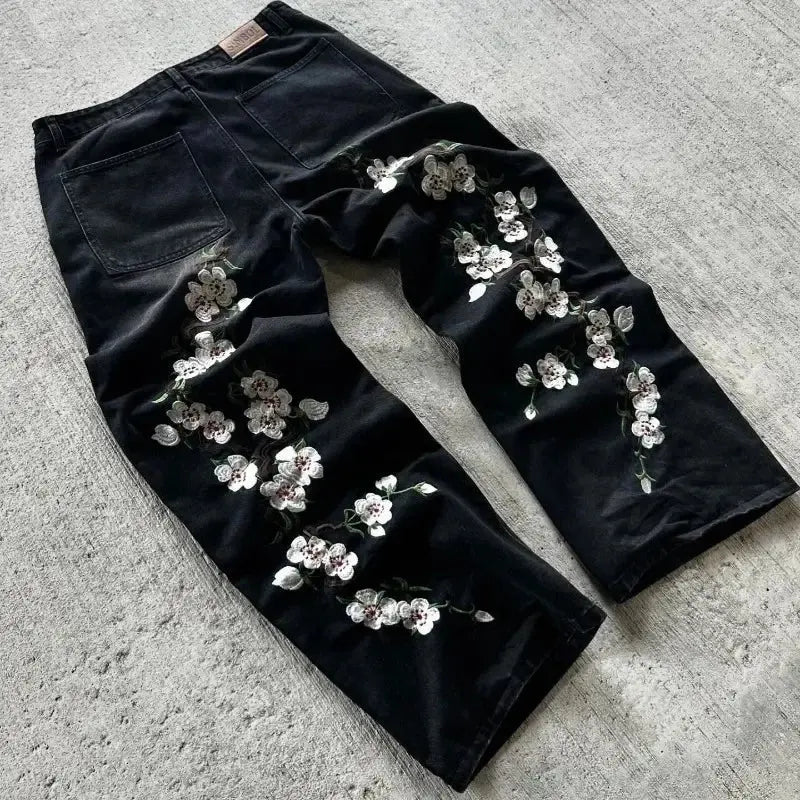 Pantalon en denim à motif de broderie artistique sans fleur pour hommes et femmes, jean rétro Y2K Harajuku, jambe droite High Street At  COOLANDBAG