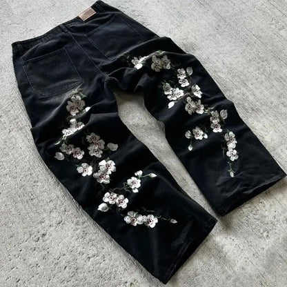 Pantalon en denim à motif de broderie artistique sans fleur pour hommes et femmes, jean rétro Y2K Harajuku, jambe droite High Street At  COOLANDBAG