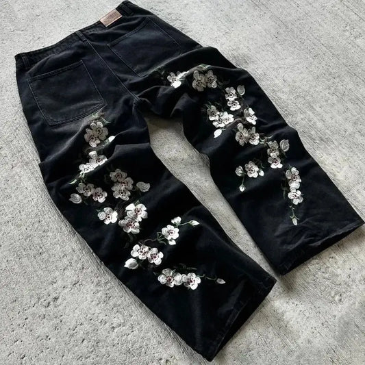 Pantalon en denim à motif de broderie artistique sans fleur pour hommes et femmes, jean rétro Y2K Harajuku, jambe droite High Street At  COOLANDBAG