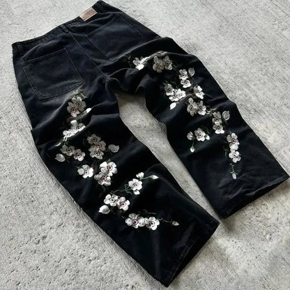 Pantalon en denim à motif de broderie artistique sans fleur pour hommes et femmes, jean rétro Y2K Harajuku, jambe droite High Street At  COOLANDBAG