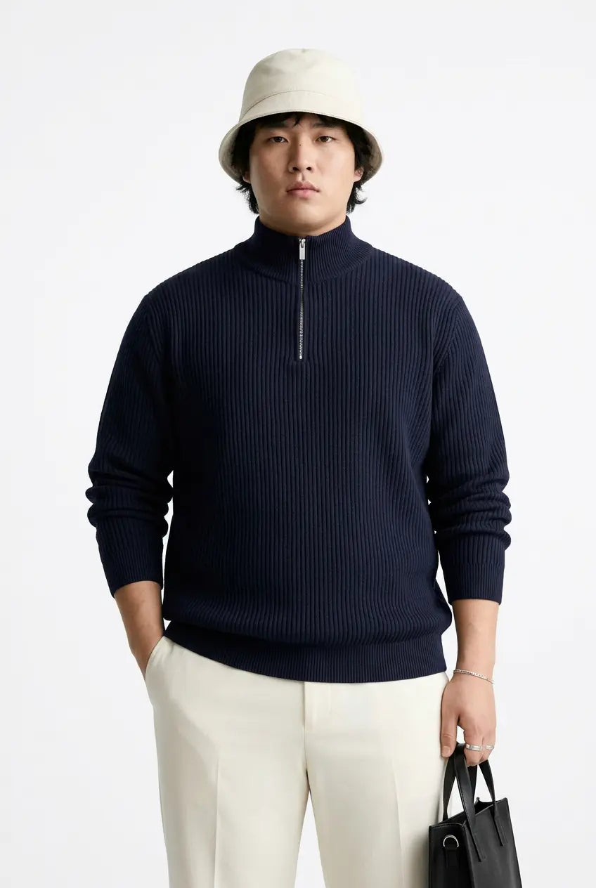 Pull Demi-Zip en Maille Côtelée Grande Taille Homme  COOLANDBAG