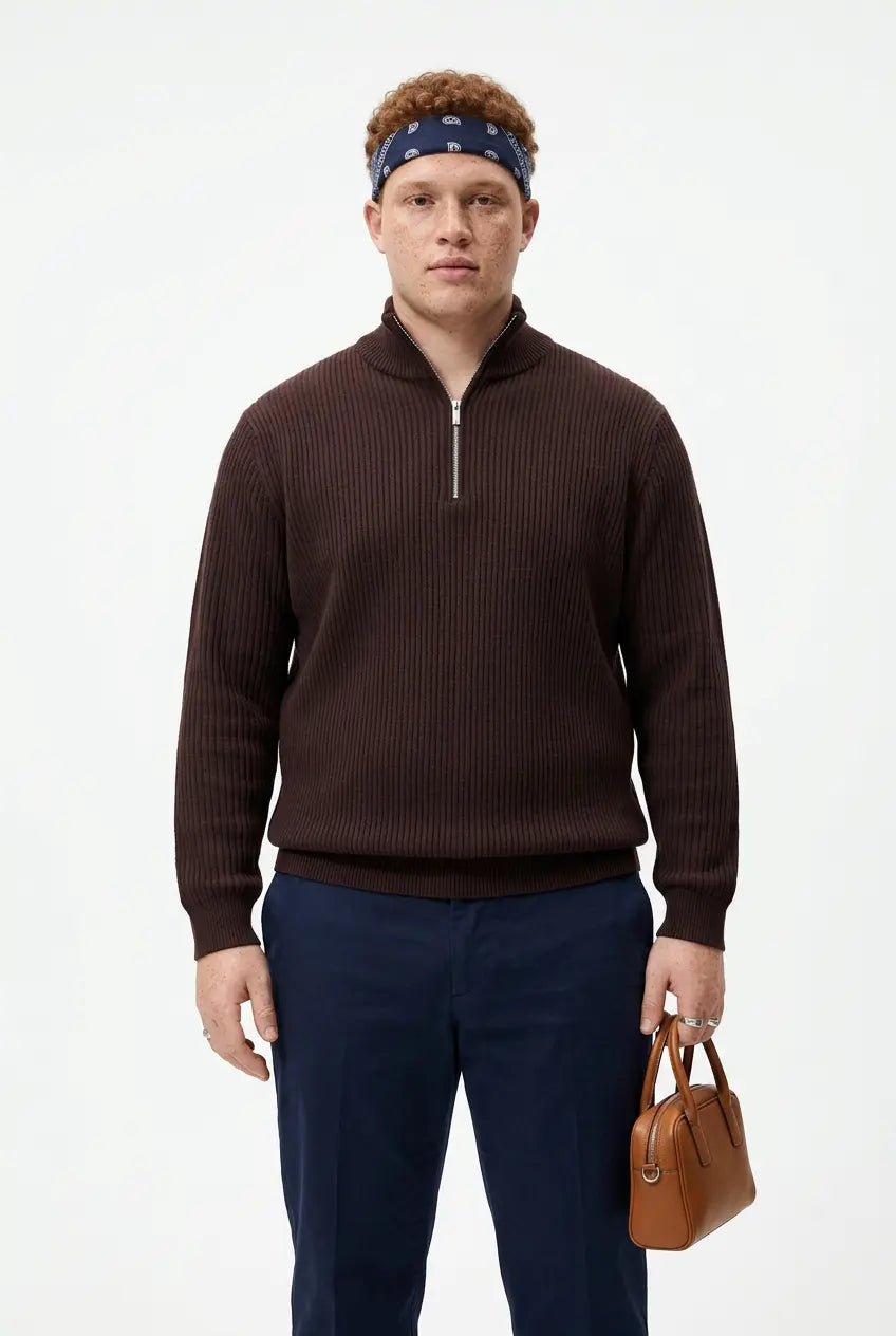 Pull Demi-Zip en Maille Côtelée Grande Taille Homme  COOLANDBAG