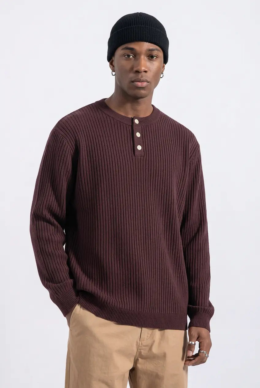 Pull en Maille Côtelée Col Boutonné